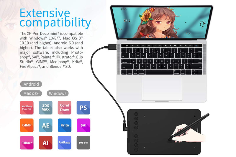 [Australia - AusPower] - XP-PEN Deco Mini7 Graphics Tablet 7 x 4 Inch Pen Tablet with Tilt Support Passive Pen and 8 Customizable Shortcut Keys Drawing Tablet Compatible with Chromebook for Online Teaching/E-Learning Medium Wire 