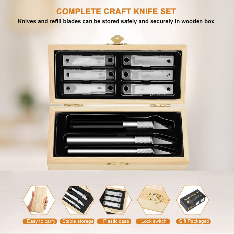 [Australia - AusPower] - Headley Tools Precision Craft Hobby Knife Set (38pcs) with Wooden Chest, Razor Sharp Knives for Scrapbooking, Art Modeling, Sculpture, Wood&Leather Working- Fine Point, Scoring, Chiseling Blades 