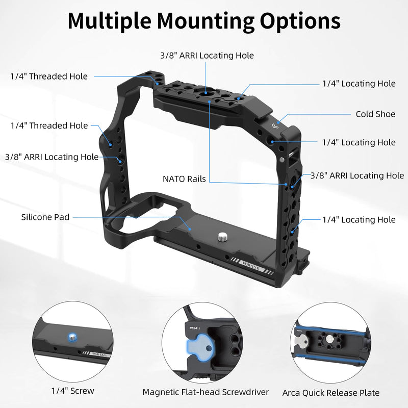[Australia - AusPower] - Nitze S5 II Cage for Panasonic LUMIX S5 II Camera, Built-in Top and Side NATO Rails, Cold Shoe and Arca Swiss Quick Release Plate - T-P05A 