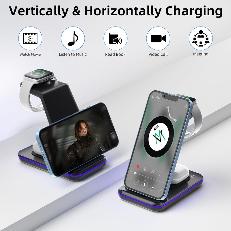 [Australia - AusPower] - Wireless Charging Station, 3 in 1 Fast Wireless Charger for iPhone 14/13/12/11/Pro/Max/SE/XS/XR/X/8 Plus/8, Wireless Charging Station/Stand Compatible for Apple Watch Series and AirPods Pro/3/2 