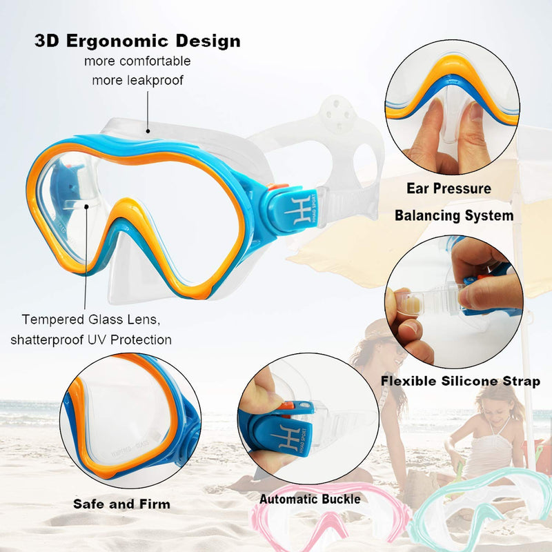 [Australia - AusPower] - Kids Snorkeling Gear Dry Snorkel HHAO Sport Kids Snorkel Set Junior Anti Fog 180° Panoramic View, Swim Goggles with Nose Cover Scuba Diving Mask for Boys Girls, 4-15 Yrs Old Blue-orange 