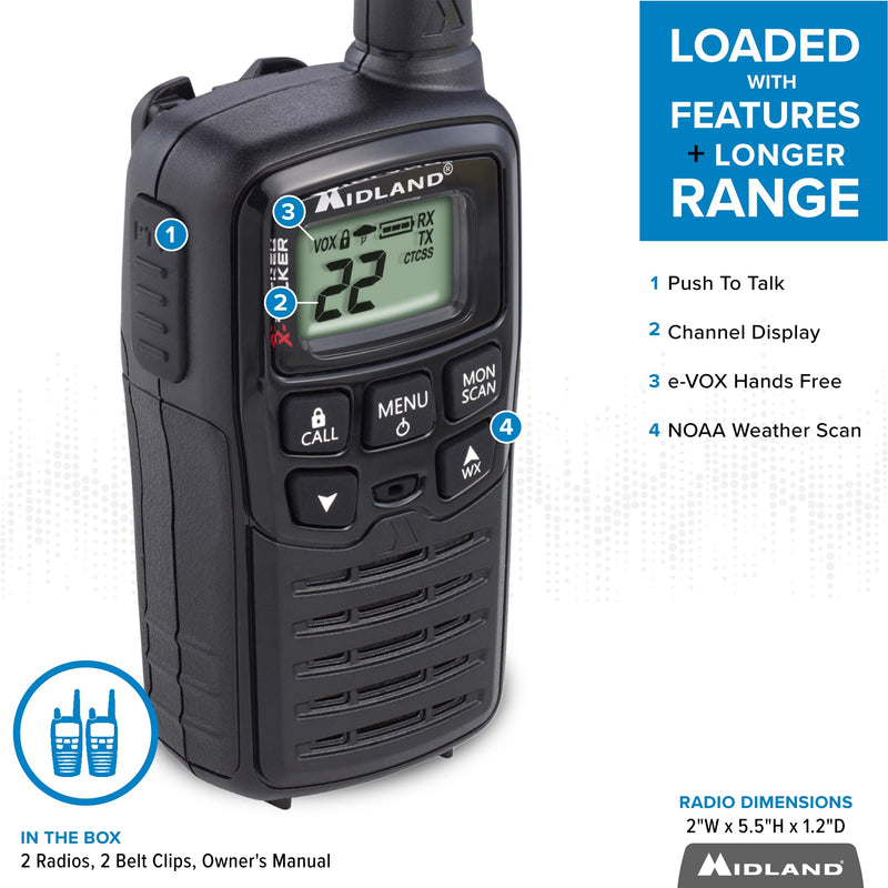 [Australia - AusPower] - Midland - T10 X-TALKER, 22 Channel FRS Walkie Talkies - Extended Range Two Way Radios, 38 Privacy Codes & NOAA Weather Alert (Pair Pack) (Black) 2 Pack 