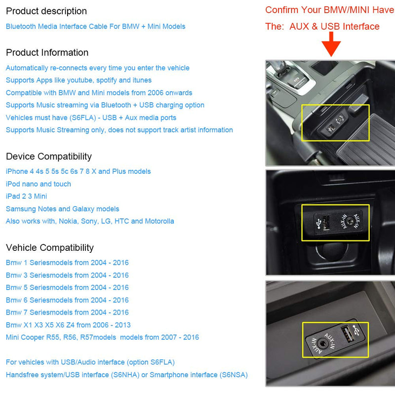 [Australia - AusPower] - Yoper Bluetooth Kit Compatible with BMW and Mini Cooper Android iPhone iPod Integration Music Interface Adaptor for Cars USB AUX Connector 