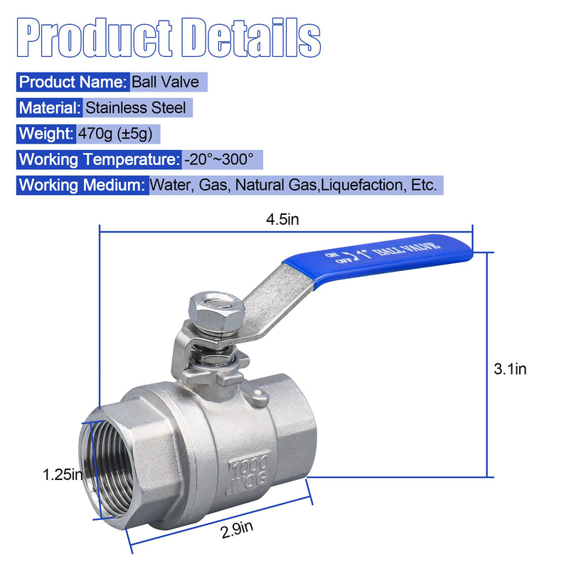 [Australia - AusPower] - 1 Inch Ball Valve, Premium 304 Stainless Steel Full Port Forged NPT Ball Valve for Water Oil and Gas with Long Handle Shut Off Switch, 1000 WOG ( 1 Piece, FNPT to FNPT ) 