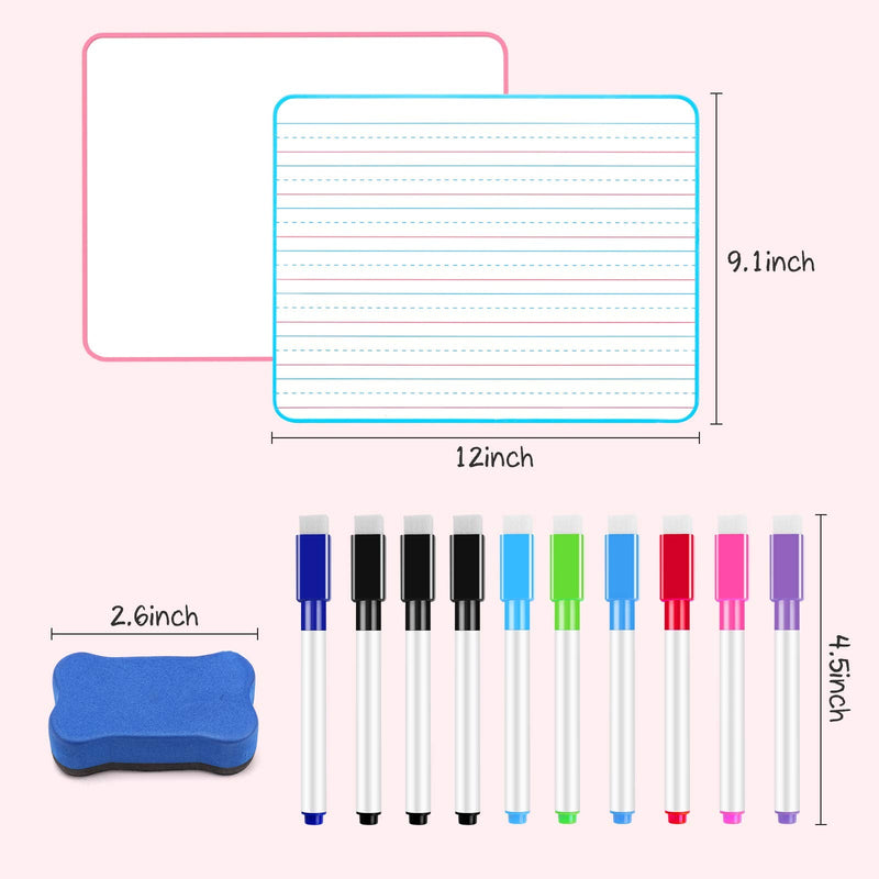 [Australia - AusPower] - 2 Pack Ruled Dry Erase Lapboard 9 x 12 Inches Dry Erase Board for Kids Double-Sided Dry Erase Learning Board with 10 Markers 