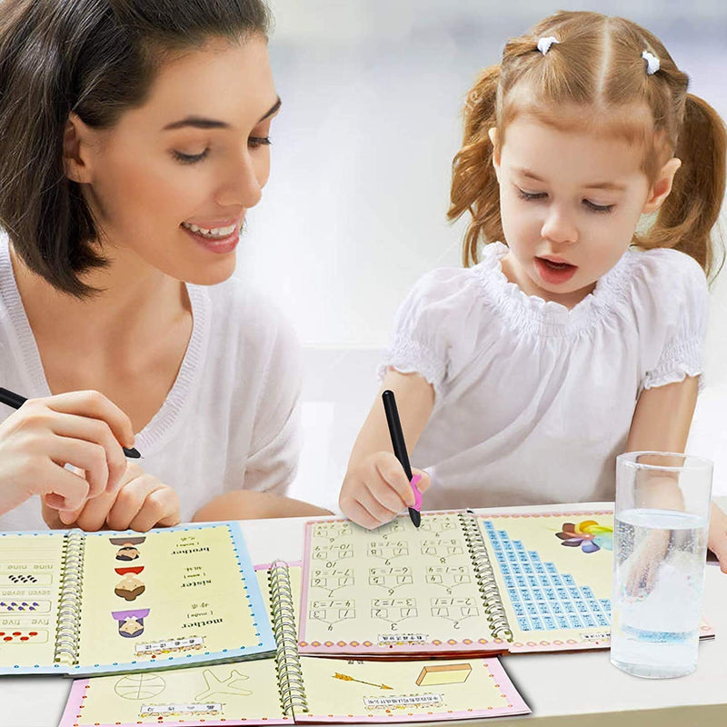 [Australia - AusPower] - Magic Ink Copybooks for Kids Reusable Handwriting Workbooks for Preschools Grooves Template Design and Handwriting Aid (4books+Pens) 4books+Pens 