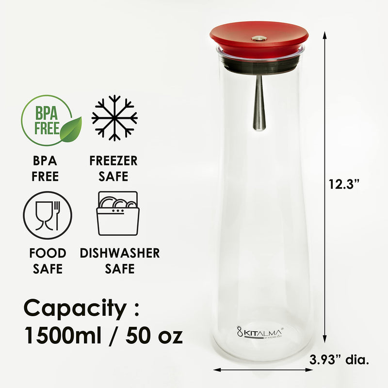[Australia - AusPower] - Kitalma BPA Free Water Bottle - 1.5L Pitcher - Tritan Plastic Bottles - Carafe with Lid - Pour, Serve or Chill any Drink from Ice Tea to Water to Red or White Wine - Red 