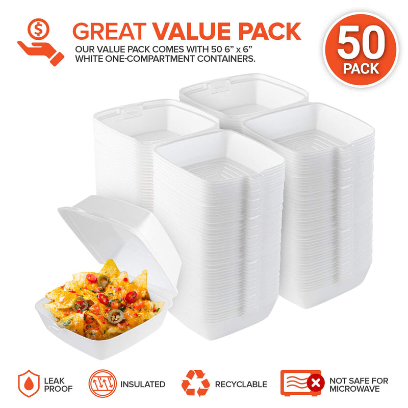 [Australia - AusPower] - Stock Your Home 6 x 6 Clamshell Takeout Box (50 Count) - Foam Containers for Food - Small To Go Containers - Insulated Styrofoam Containers for Food, Sandwiches, Side Salads, Pasta, Delis, Cafes 