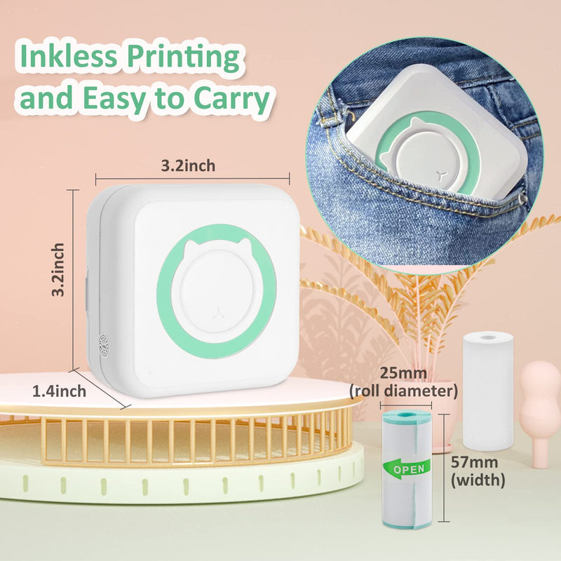 [Australia - AusPower] - AURTEC Mini Thermal Printer, Portable Wireless Bluetooth Inkless Printer with 3 Rolls of Sticker and 3 Rolls of Thermal Paper, Compatible with Android/iOS, Pocket Printer for Memo, DIY, Photo and More Green 