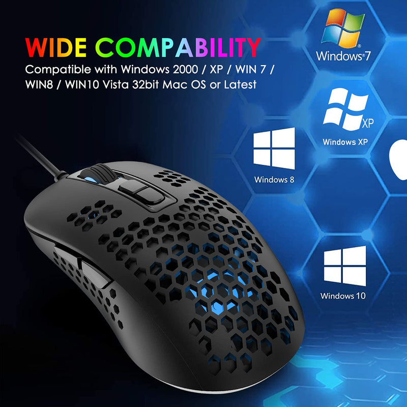 [Australia - AusPower] - Lightweight Gaming Mouse Wired,USB Optical Computer Mice with RGB Backlit,4 Adjustable DPI Up to 2400,Ergonomic Gamer Laptop PC Mouse with Honeycomb Shell for Windows 7/8/10/XP Vista Linux -Black Black 