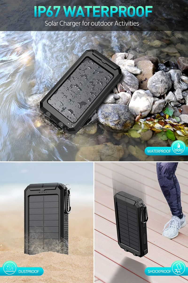 [Australia - AusPower] - Power-Bank-Portable-Charger-Solar - 36800mAh Waterproof Portable External Backup Battery Charger Built-in Dual QC 3.0 5V3.1A Fast USB and Flashlight for All Phone and Electronic Devices (Black) Black 