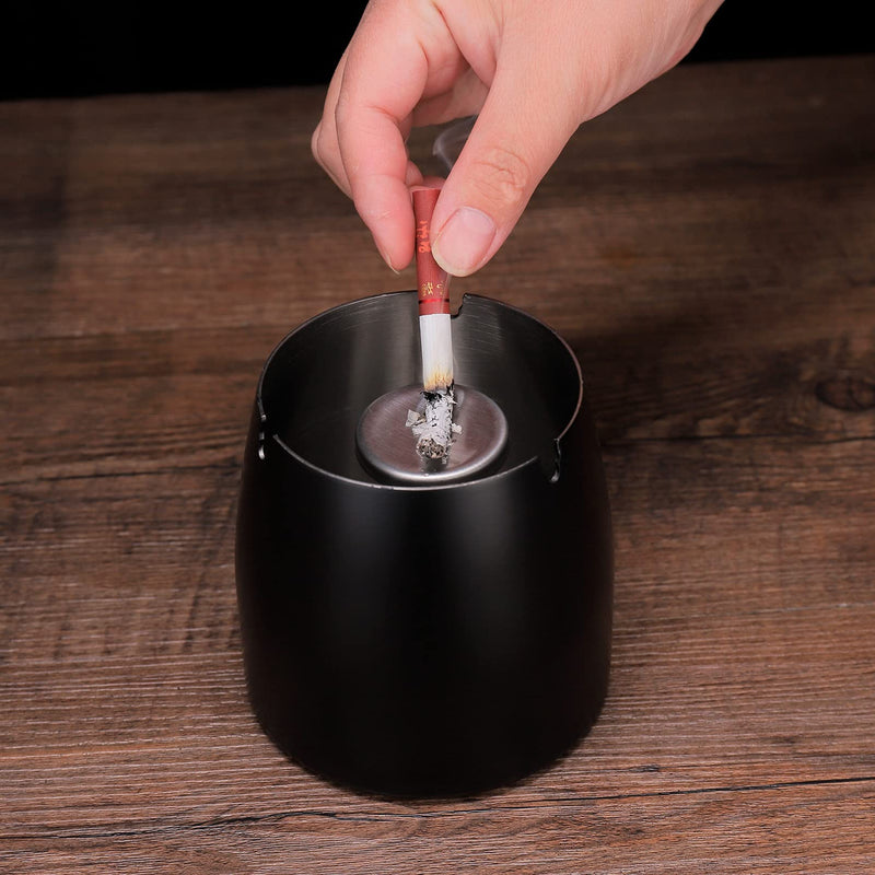 [Australia - AusPower] - Large Ashtray with Lid for Cigarette, Stainless Steel Smokeless Odorless Windproof Ashtrays for Home Office Tabletop Outside Patio Outdoor Balcony(3.55"x3.0"x3.35") Black Large 