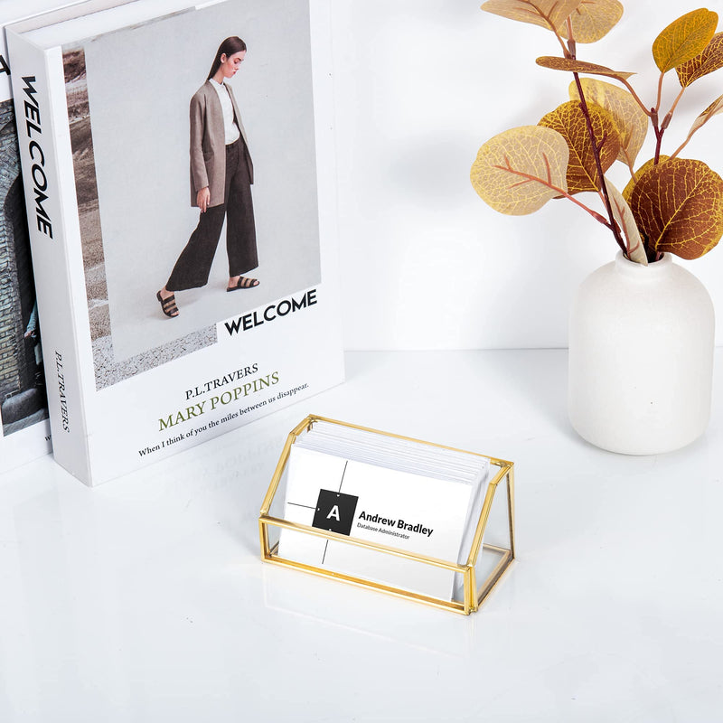 [Australia - AusPower] - Feyarl Glass Business Card Holder Stand Gold Office Name Card Display Business Card Organizer Storage for Office Desktop Countertop 