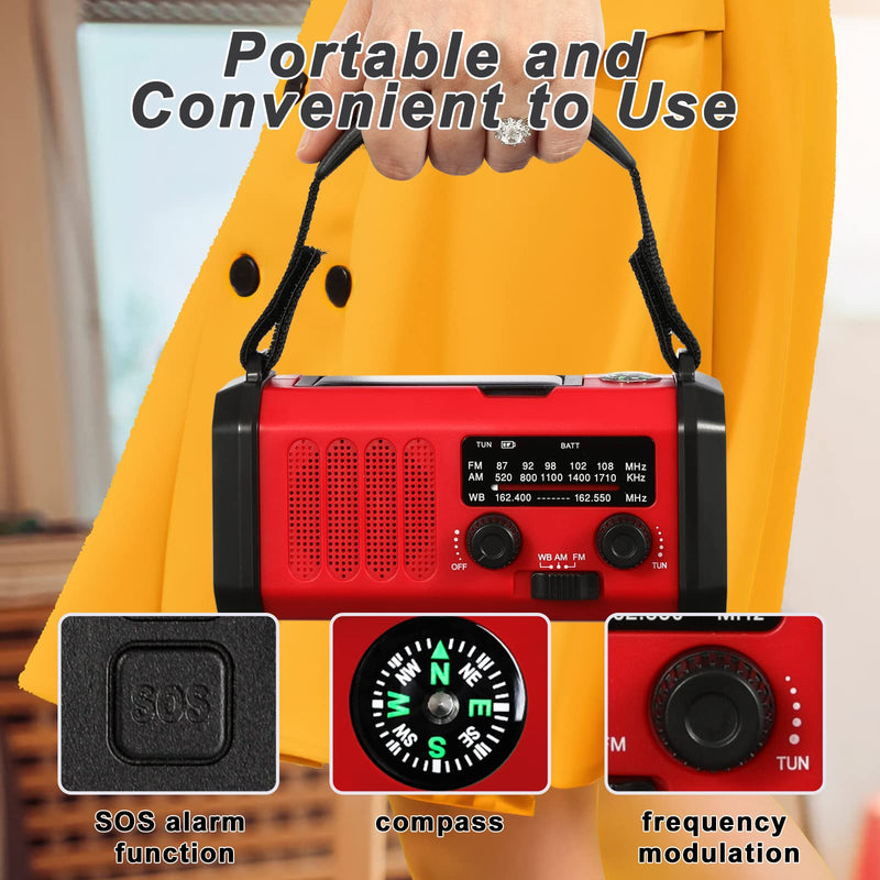 [Australia - AusPower] - Emergency Radio,10000mAh Solar Radio, Crank Radio, NOAA/AM/FM Weather Radio, USB Type-C Charging,Dynamo Radio,Polymer Battery,Torch & LED Reading Light, SOS Alarm,Compass for Camping Red 
