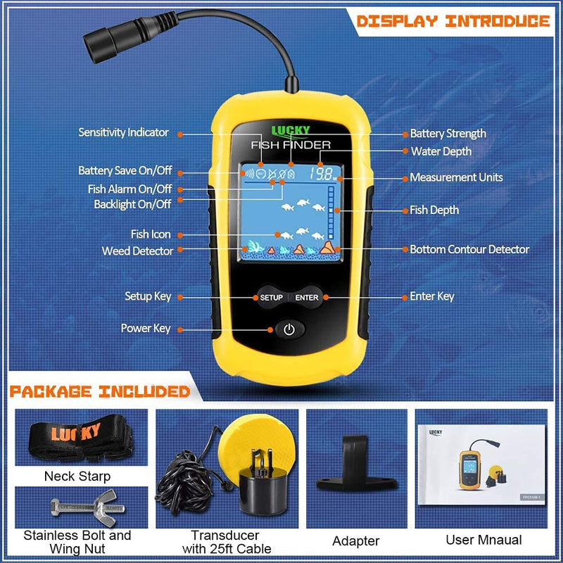 [Australia - AusPower] - LUCKY Kayak Portable Fish Depth Finder Water Handheld Fish Finder Sonar Castable Kayak Boat Fishfinder Transducer Fishing LCD Display FFC1108 