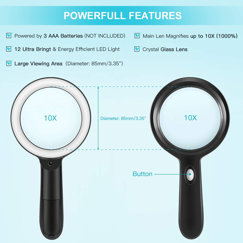 [Australia - AusPower] - Lighted Magnifying Glass-10X Handheld Reading Magnifier Glass with 12 LED Lights for Seniors & Kids- Large and Real Magnifying Lens for Seniors Reading, Soldering, Inspection, Coins, Jewelry, Explorin Black 