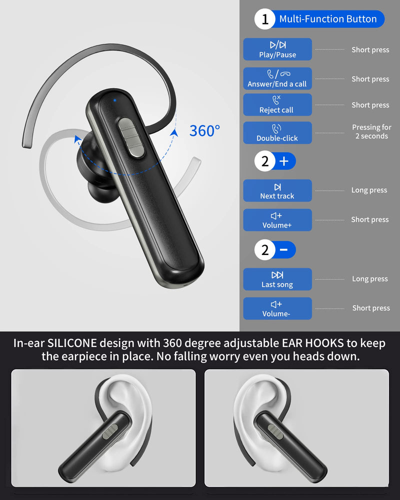 [Australia - AusPower] - Bluetooth Earpiece V5.1, Handsfree Bluetooth Headset for Cell Phones Wireless Earpiece with CVC8.0 Noise Cancelling Microphone and 260 Hours Standby Time for iPhone Android Samsung Laptop Truck Driver 