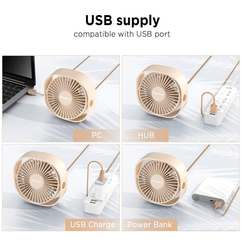 [Australia - AusPower] - EasyAcc USB Desk Fan, 3 Speeds USB Fan [Lower Noise USB Powered ONLY&Powerful Desk Fan] USB Portable Powered Fan, 360°Rotatable Personal Desktop Table Fan Travel Fan for Desk Home Bedroom Office Champagne 
