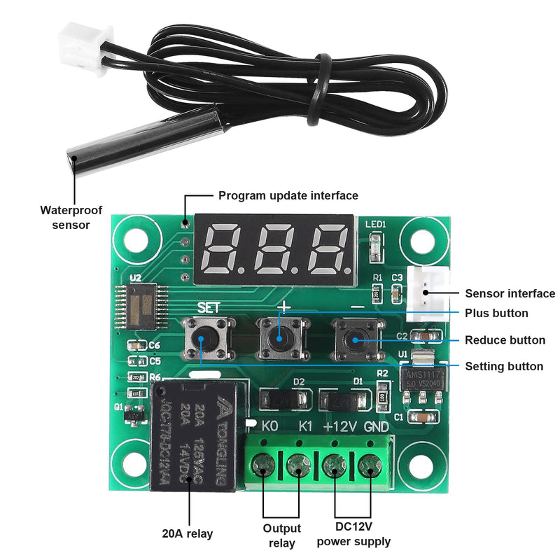 [Australia - AusPower] - AEDIKO W1209 DC 12V Digital Temperature Controller Board Blue Digital Display Thermostat -50-110°C Electronic Temperature Temp Control Module Switch with Waterproof Case (1-Pack) 1-Pack 