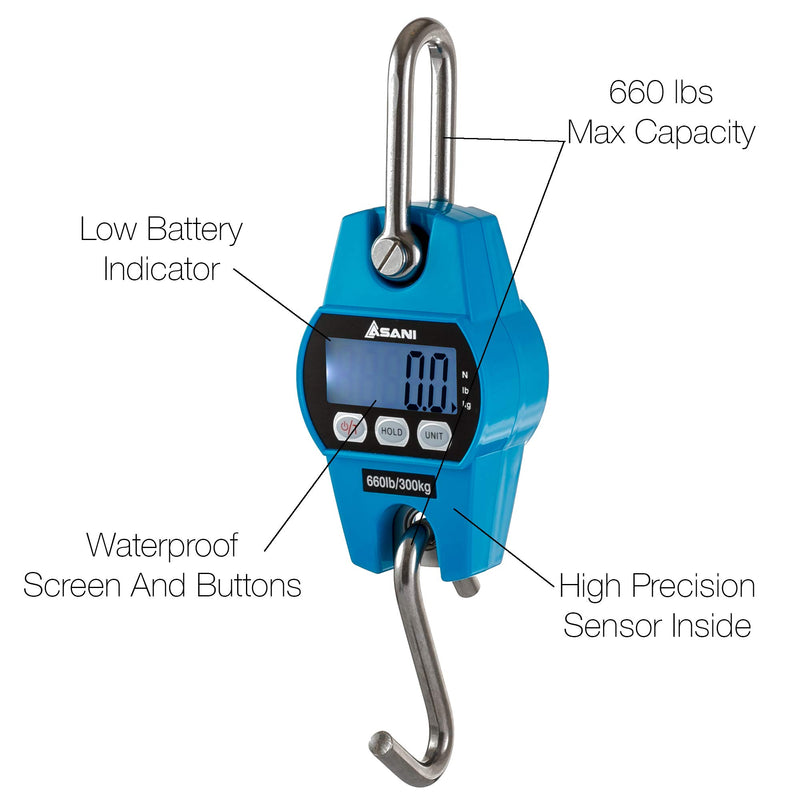 [Australia - AusPower] - Hanging Weight Scale | 660lb Digital Electronic Weighing Scale with Accurate Sensors | for Hunting, Outdoor, Bass Fishing, Big Game, Farm, Large Luggage, Hoyer Patient Lift (Blue, Polycarbonate) 