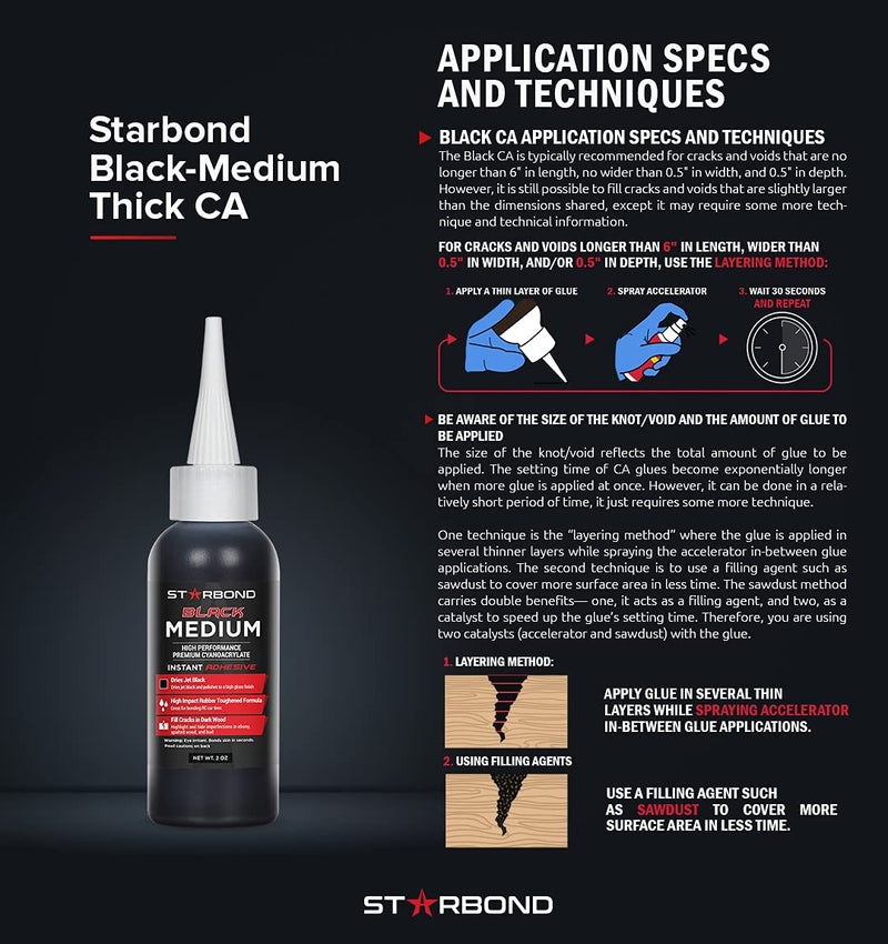 [Australia - AusPower] - Starbond KBL-500 Black Medium Thick, Premium Rubber Toughened CA - Cyanoacrylate Adhesive Super Glue Plus Extra Cap and Microtips (for Woodworking, Filling Knots & Voids, RC Car Tires) (2 Ounce) 