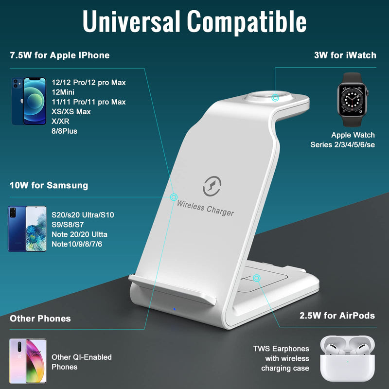 [Australia - AusPower] - Wireless Charging Station,Popveen 3in1 Wireless Charger Stand with Adapter 15W Fast Wireless Charging for Apple iWatch Series SE/6/5/4/3/2/1,for Earphone, Compatible for iPhone 13/12/11 (White) White 