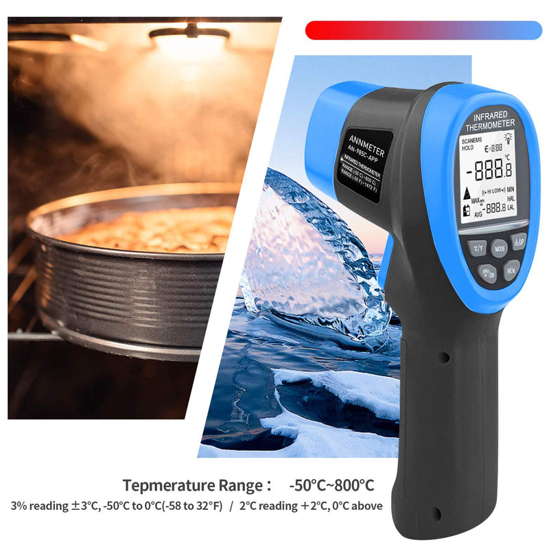 [Australia - AusPower] - Digital Infrared Thermometer-Non Contact High Temperature Gauge,Bluetooth APP Connectable Temp Gun Tester -58~1472°F with Data Logger for Cooking HVAC Kiln ANNMETER AN-985C-APP(NOT for Human Temp) 