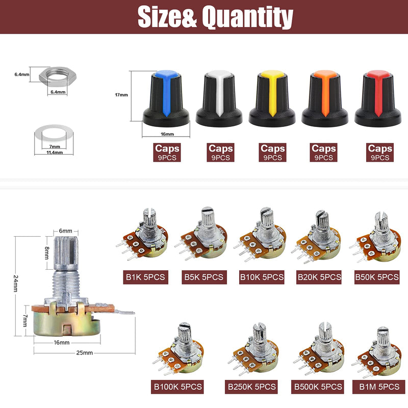 [Australia - AusPower] - OCR 1K-1M ohm Potentiometer Kit, 45 Sets Knurled Shaft Linear Potentiometer with Knobs, Nuts and Washers, 9 Values1K 5K 10K 20K 50K 100K 250K 500K 1M 3 Terminal Rotary Potentiometer 