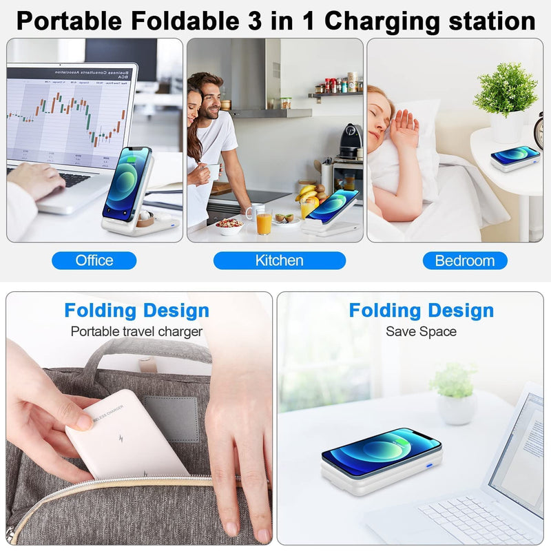 [Australia - AusPower] - Foldable Wireless Charger, Towott 3 in 1 Fast Wireless Charging Station for iPhone 13/12/11 Series/XR/X/Xs/XS Max/8/8 Plus, Charging Stand Dock for iWatch, AirPods Pro/2(White) white 
