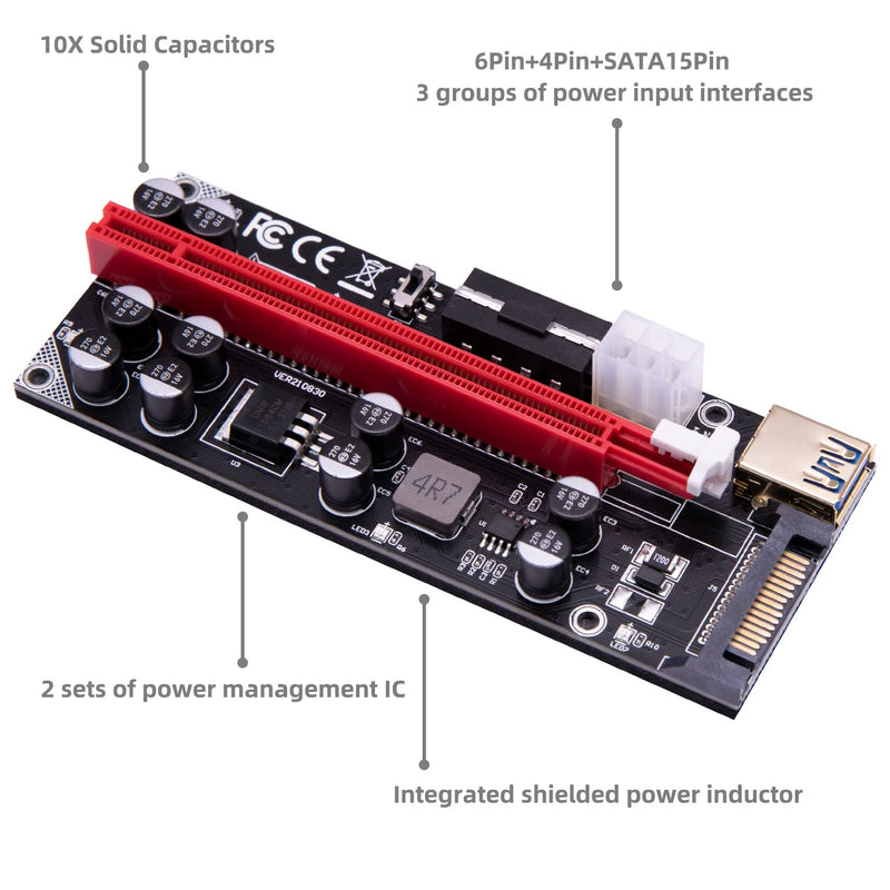 [Australia - AusPower] - Bejavr 6 Pack PCIE Riser 1X to 16X Graphics Extension for GPU Mining Powered Riser Adapter Card Integrated Power Inductor 10 Solid Capacitors 3 Groups of Power Ports with Colorful Lights Flashing 6 Pack-10 capacitor 