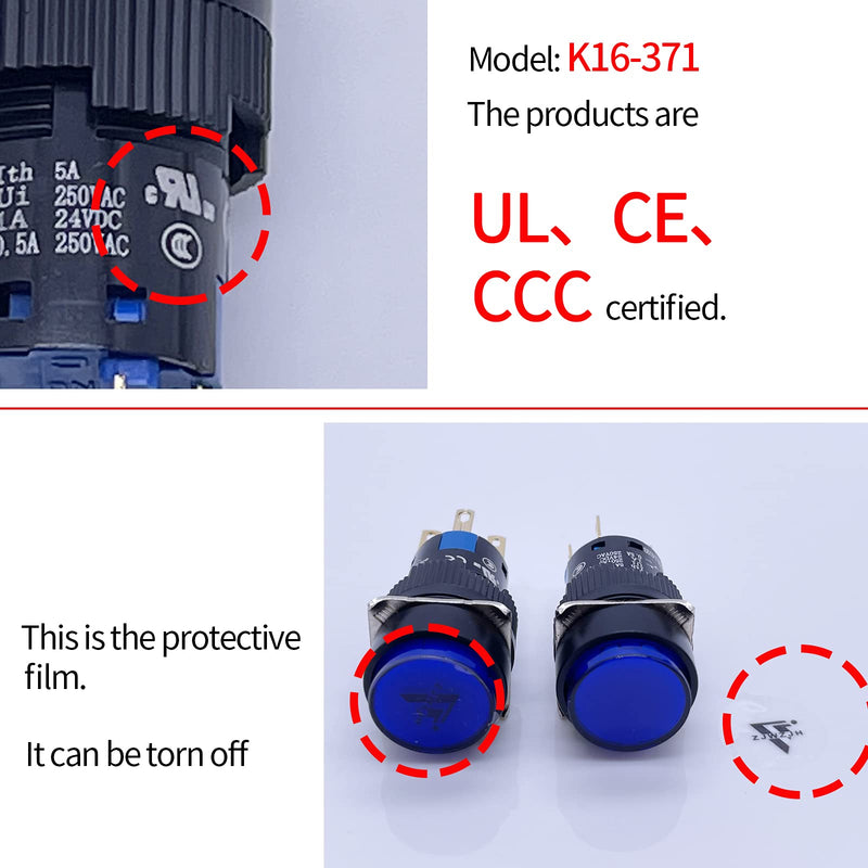 [Australia - AusPower] - 16mm Latching Push Button Switch Round Cap Maintained 0.63" 1NO 1NC SPDT ON/Off with 12v LED Light Waterproof 5 Amps with Wire UL Listed 3 Pcs K16-371 (Green, Latching) Green 