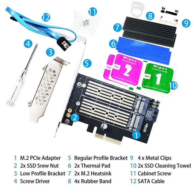 [Australia - AusPower] - GLOTRENDS Dual M.2 X4 PCIe Adapter for One M.2 PCIe SSD and One M.2 SATA SSD, Support OS Booting from M.2 PCIe SSD or M.2 SATA SSD, Including 2 x M.2 Heatsink and Thermal Pad and M.2 Screws (PA12-HS) 