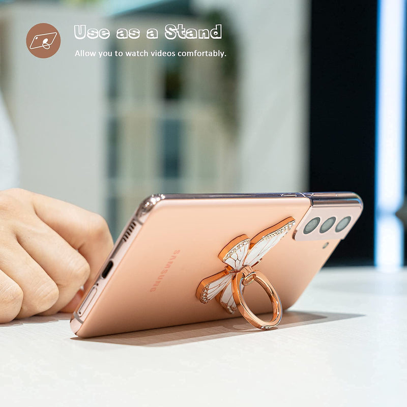 [Australia - AusPower] - Cell Phone Ring Holder Stand with Crystal Stone and Enamel Process, Butterfly 360° Rotation Finger Kickstand Metal Back Stand Hand Grip with Knob Loop Compatible with Smartphone (Gold Pearl White) 