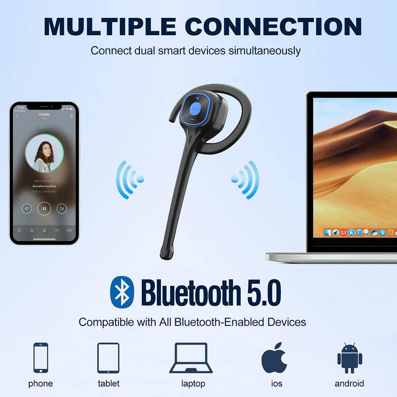 [Australia - AusPower] - Bluetooth Headset [Bud-Free], CVC8.0 Dual-Mic Noise Cancelling Single Ear Wireless Headphone, HandsFree Earpiece with 12Hours Talking Time for iPhone Android Driving Biking Business Meeting Office 