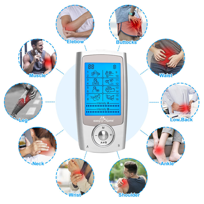 [Australia - AusPower] - Easy@Home Rechargeable TENS Unit + EMS Muscle Stimulator, 2 Independent Channels, 20 Intensity Levels, 8 Massage Types+16 Modes, 510K Cleared FSA Eligible Handheld Electronic Pulse Massager, EHE029G-B 