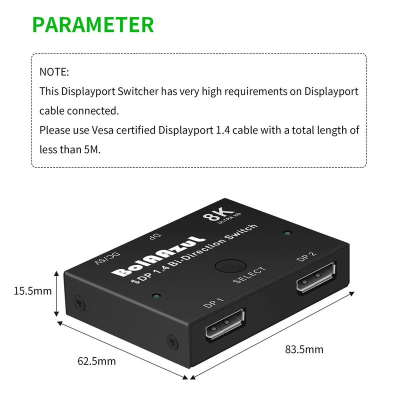 [Australia - AusPower] - Displayport Switch Bi-Directional DP 1.4 Switcher with 2 DP Cables, BolAAzuL 8K@30Hz 4K@120Hz 2K@144Hz DisplayPort 1.4 Switcher Converter 2X1 or 1X2 + 2 Displayport Cables for Multiple Source Displays DP Switch with 2pcs 4K Cables 