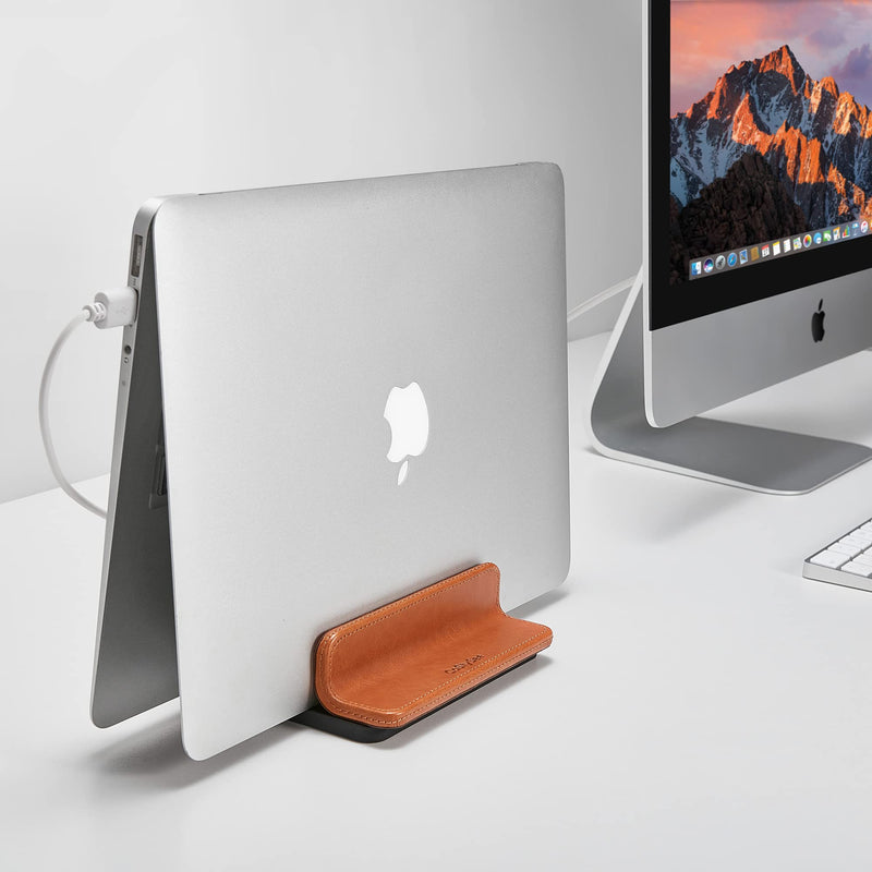 [Australia - AusPower] - CoStySee Leather Dual-Slot Vertical Laptop Stand,Adjustable Laptop Holder Vertical (18-26mm/0.7-1 in) for All MacBook/Chromebook/Surface/Dell/iPad (Brown) Brown 