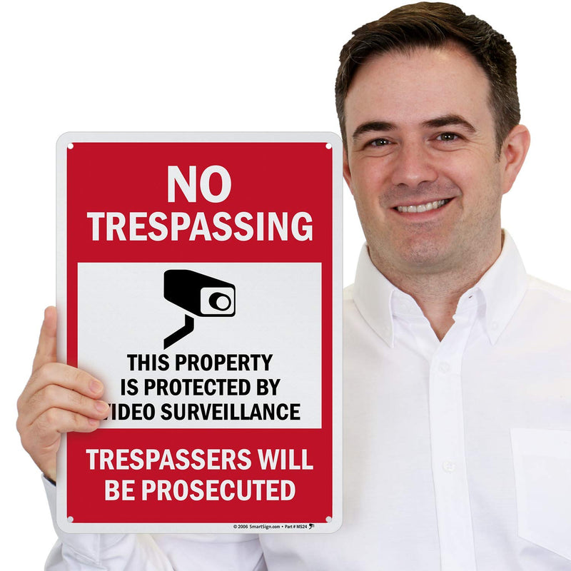 [Australia - AusPower] - SmartSign 14 x 10 inch “No Trespassing - Property Protected by Surveillance, Trespassers Prosecuted” Metal Sign, 40 mil Aluminum, Engineer Grade Reflective Material, Red, Black and White 10" x14" Reflective Aluminum 
