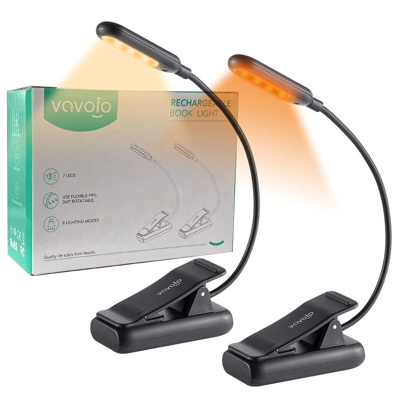 [Australia - AusPower] - VAVOFO Amber Rechargeable Book Lights, Blue Light Blocking Reading Lights, 7 LEDs Eye Care 9 Colors 9 Brightness Clip On for Bookworms with Power Indicator Lasting 70h (2-Pack, Black) 2-Pack Black 