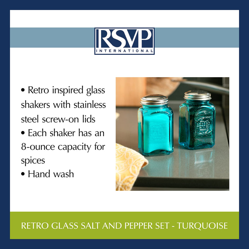 [Australia - AusPower] - RSVP International Retro Glass Salt & Pepper Shaker | Stainless Steel Lids |, 8 oz, Turquoise 