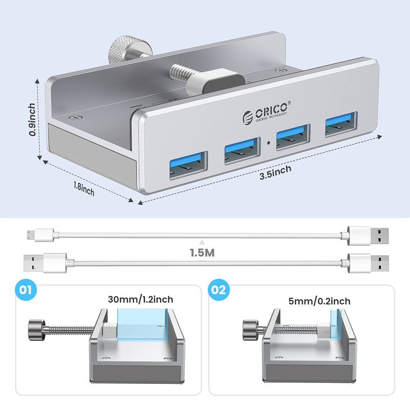 [Australia - AusPower] - ORICO 4 Port USB 3.0 Hub Clamps on Monitor or Table, USB A/A and A/C Cable Included(4.92FT), Extra Power Supply Port, Space-Saving Mountable Aluminum USB Hub for iMac, All-in-One Desktop Computer 4 port + 2 Data Cable 
