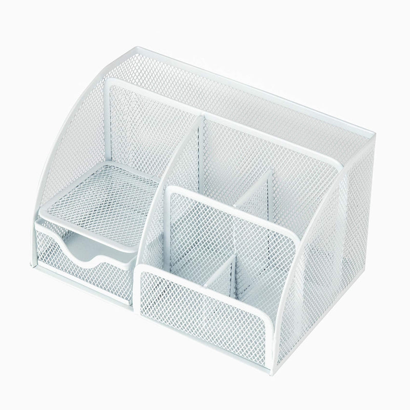 [Australia - AusPower] - VANRA Office Supply Caddy Metal Mesh Desktop Supplies Organizer School Supply Holder Stuff Storage Organizer 6 Compartments with Drawer (White) White 