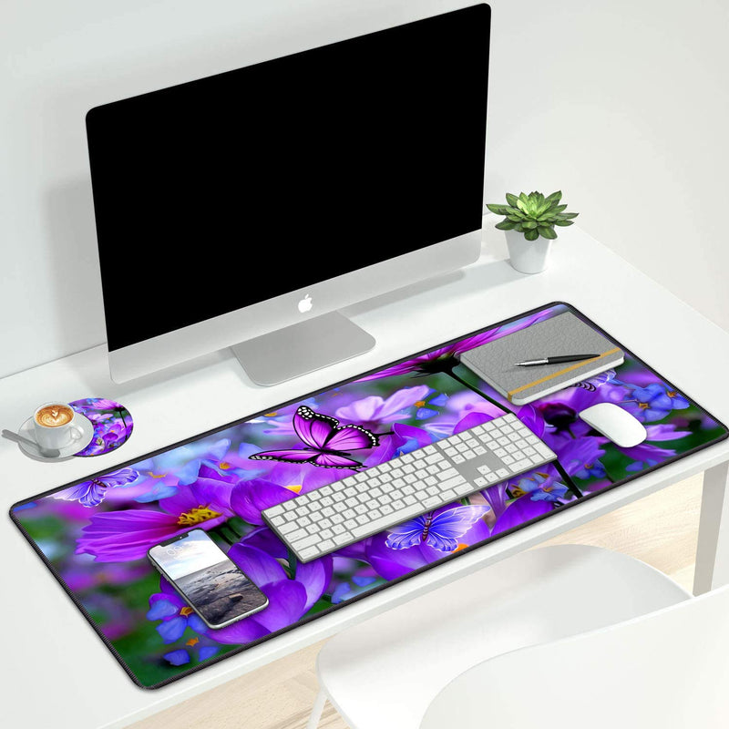 [Australia - AusPower] - Luasao Desk Pad Mat Gaming Mouse Pads with Coasters, Stitched Edges Design Mouse Pad XXL Large Mouse Pad for Laptop Computers Purple Flowers and Butterflies Desk Writing Mat for Office & Home 