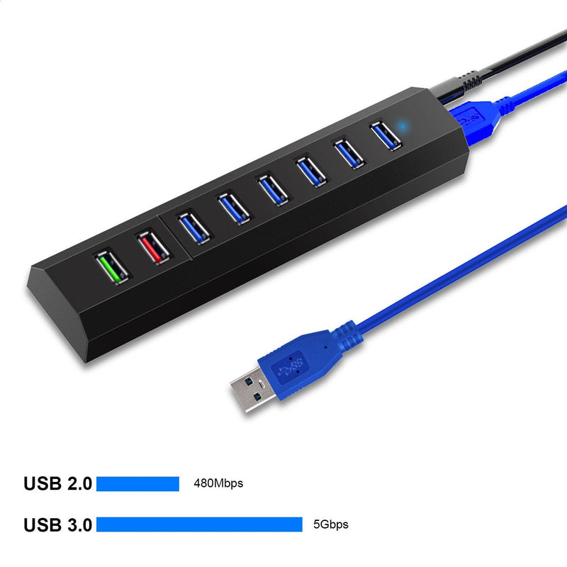 [Australia - AusPower] - 8-Port USB Hub, RAOYI USB Hub 3.0 Powered, 6 Port USB 3.0 Data Hub with 12V Power Adapter, 3.3ft USB Cable for MacBook, Mouse, Laptop, PC, USB Flash Drives, HDD Hard Drive (Black) Black 