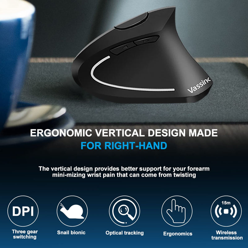 [Australia - AusPower] - Vassink Wireless Mouse Ergonomic Mouse Rechargeable Vertical Optical Mice with USB Receiver, 6 Buttons 2.4GHz Adjustable DPI 800/1200/1600 for PC Computer,Laptop,etc（Black） Black2 