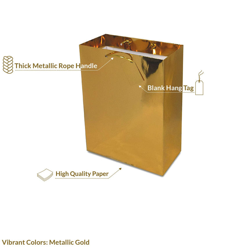 [Australia - AusPower] - Gold Gift Bags - 12 Pack Small Metallic Designer Paper Shopping Bags with Handles, Gift Wrap Euro Totes for Birthdays, Party Favors, Baby Showers, Bachelorette, Holidays, Christmas, Bulk - 6x3x7.5 