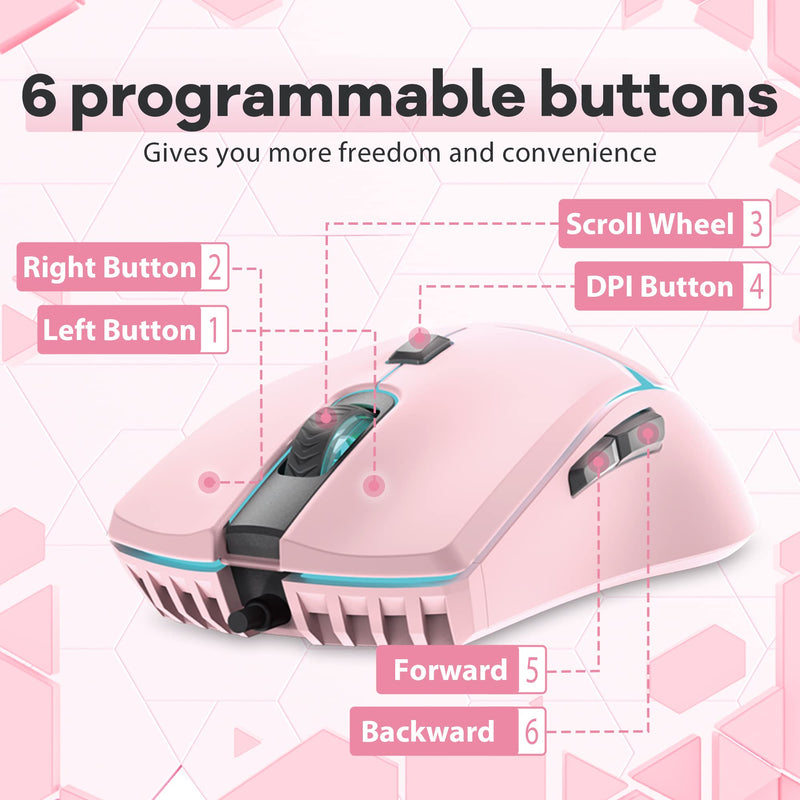 [Australia - AusPower] - FANTECH Wired Gaming Mouse Up to 8000DPI, 6 Programmable Buttons PC Gaming Mice, Ergonomic Mouse with RGB Backlit, Ergonomic Gamer Laptop PC Mouse for Windows/PC/Mac/Laptop Gamer - Pink 