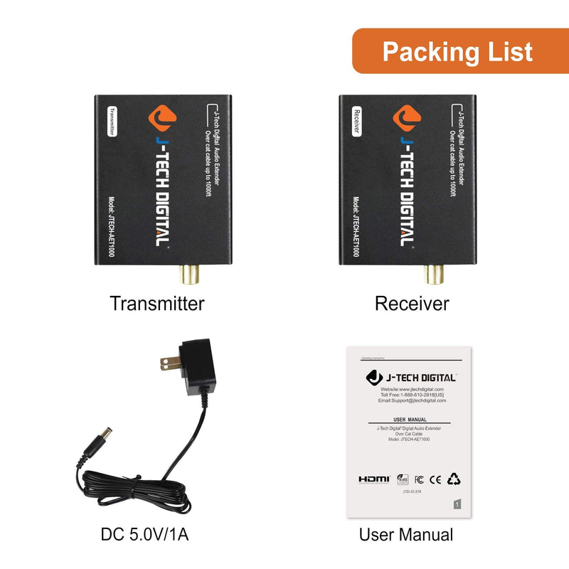 [Australia - AusPower] - Digital Audio Extender Converter for Optical/Coaxial Audio Over Single Cat5e/6 Cable (PoC) up to 990 (300m) for Dolby Digital, DTS 5.1, DTS-HD, PCM by J-Tech Digital [JTECH-AET1000] 990 FT 