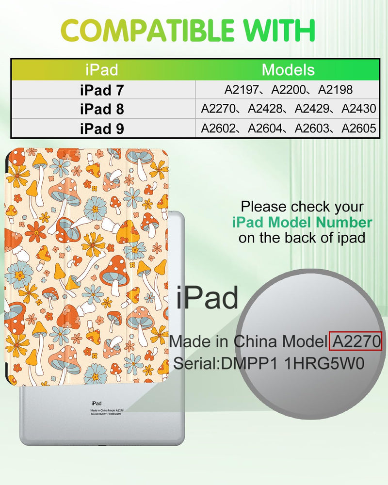 [Australia - AusPower] - Uppuppy for iPad 9th/8th/7th Generation Case 10.2 Inch Girls Cute Kids Women Folio Smart Cover Pencil Holder Mushroom Aesthetic Design Girly Kawaii Teens Cases for iPad 7/8/9 Gen A2602 A2270 A2197 1-for iPad 9/8/7th-Mushroom 