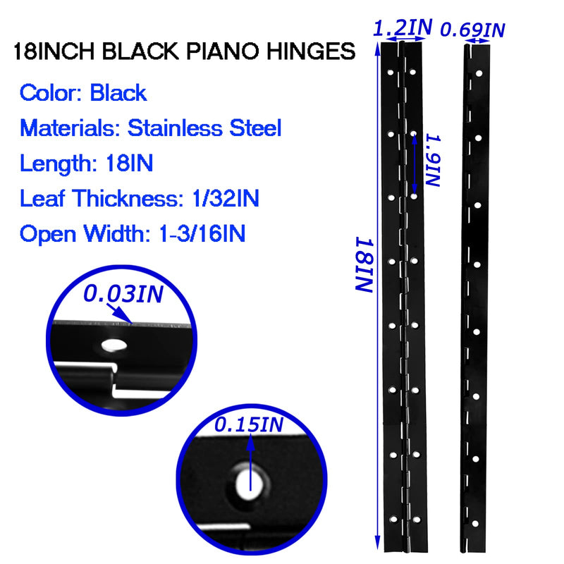 [Australia - AusPower] - 18Inch Continuous & Piano Hinges, 2Pcs Stainless Steel Piano Hinge with Holes, Heavy Duty Black Stainless Continuous Hinges for Boats Cabinets Storage Box, 0.04" Leaf Thickness 18INCH Piano Hinges 